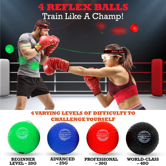Soul Shift Boxing Reflex Trainer Set w/Safety Glasses | Fun Reflex Game & 2 Headband, 4 Balls & Bonus Reaction Ball