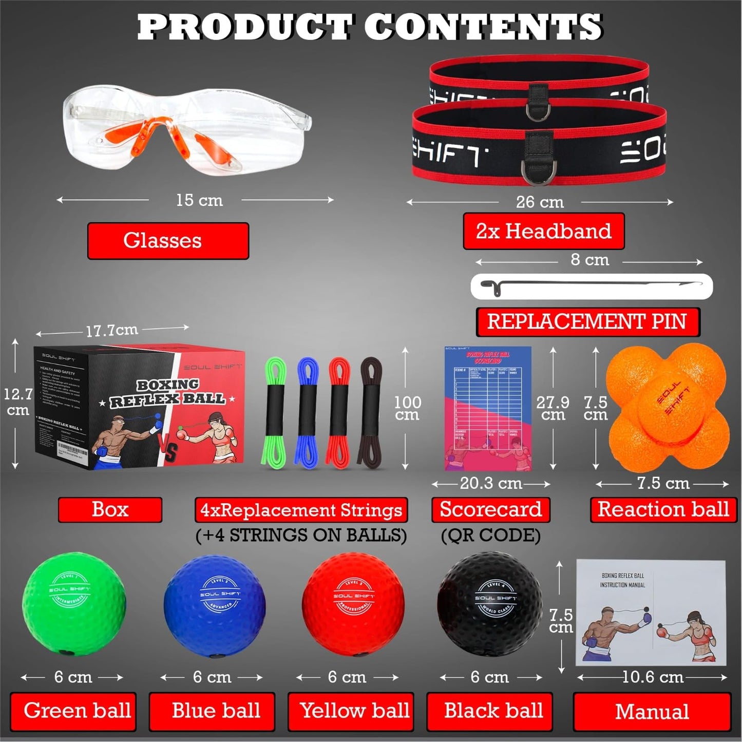 Soul Shift Boxing Reflex Trainer Set w/Safety Glasses | Fun Reflex Game & 2 Headband, 4 Balls & Bonus Reaction Ball