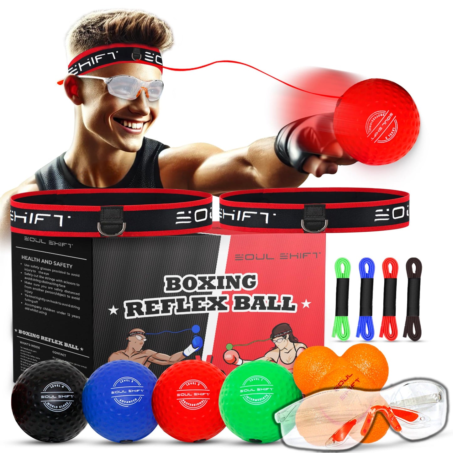 Soul Shift Boxing Reflex Trainer Set w/Safety Glasses | Fun Reflex Game & 2 Headband, 4 Balls & Bonus Reaction Ball